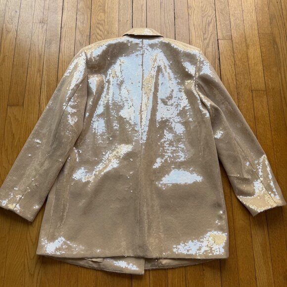 H&M Size L NEW Beige Sequined Glam Rock Party Peak Lapel Blazer Jacket - Picture 7 of 16